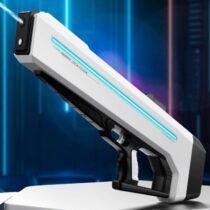 Pistol cu apă electric pentru copii de 53 cm, alb cu linie LED albastră și mâner negru ergonomic